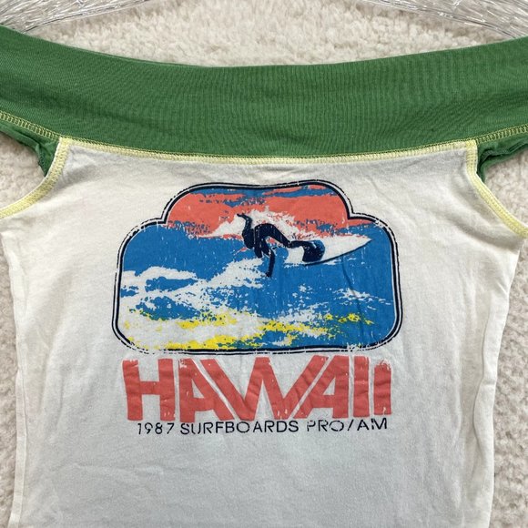 Y2K 2000s Vintage Hollister White Hawaii Surfer Graphic Off Shoulder Top XS S - Picture 3 of 9